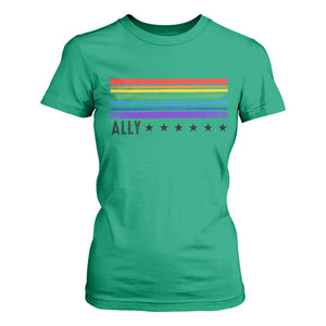 Retro Rainbow Ally Distressed Stripes Graphic T Shirt For Women LGBTQ Support Pride Month