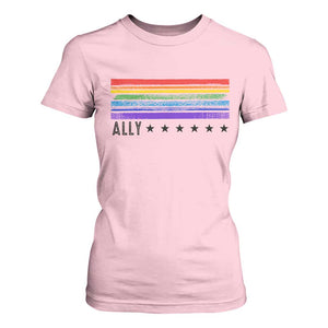 Retro Rainbow Ally Distressed Stripes Graphic T Shirt For Women LGBTQ Support Pride Month