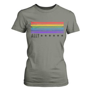 Retro Rainbow Ally Distressed Stripes Graphic T Shirt For Women LGBTQ Support Pride Month