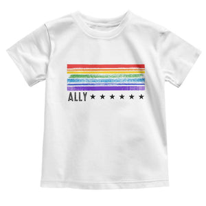 Retro Rainbow Ally Distressed Stripes Graphic Toddler T Shirt LGBTQ Support Pride Month
