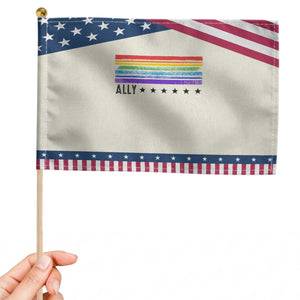 Retro Rainbow Ally Distressed Stripes Graphic Patriotic Handheld Flag LGBTQ Support Pride Month