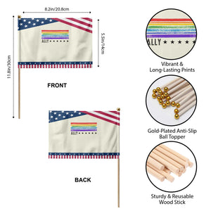 Retro Rainbow Ally Distressed Stripes Graphic Patriotic Handheld Flag LGBTQ Support Pride Month