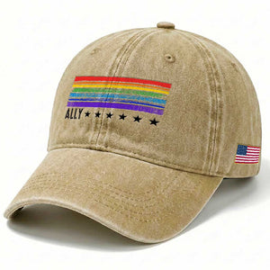 Retro Rainbow Ally Distressed Stripes Graphic Washed Cotton Baseball Cap LGBTQ Support Pride Month