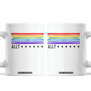Retro Rainbow Ally Distressed Stripes Graphic Coffee Mug LGBTQ Support Pride Month TS02 White Print Your Wear