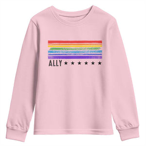 Retro Rainbow Ally Distressed Stripes Graphic Youth Sweatshirt LGBTQ Support Pride Month