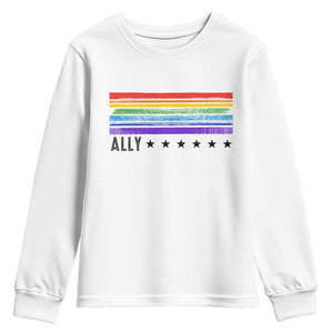 Retro Rainbow Ally Distressed Stripes Graphic Youth Sweatshirt LGBTQ Support Pride Month