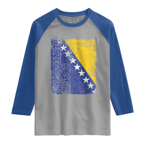 Vintage Grunge Bosnia Herzegovina National Flag Raglan Shirt Bosnian Pride Soccer Heritage Sports Fan