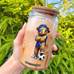 Cool Bosnia Herzegovina Flag Teddy Bear Soccer Fan Glass Can BIH Bosnian Heritage Football Lovers