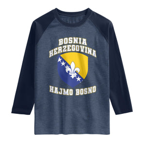 Hajmo Bosno Lets Go Bosnia Herzegovina Flag Raglan Shirt Golden Lily Soccer Football Fan Athletic Graphic TS02 Heather Denim Navy Print Your Wear