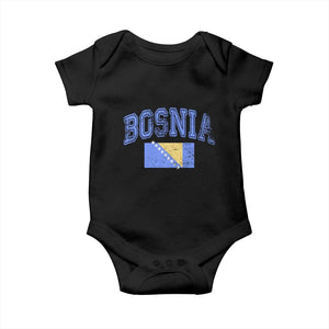 Classic Distressed Bosnia National Flag Varsity Style Baby Onesie Sports Fan Athletic Graphic