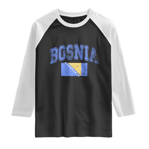 Classic Distressed Bosnia National Flag Varsity Style Raglan Shirt Sports Fan Athletic Graphic