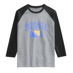 Classic Distressed Bosnia National Flag Varsity Style Raglan Shirt Sports Fan Athletic Graphic