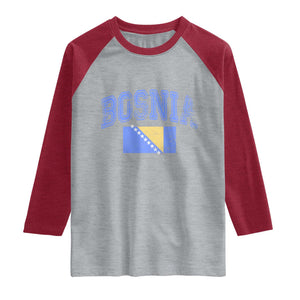 Classic Distressed Bosnia National Flag Varsity Style Raglan Shirt Sports Fan Athletic Graphic