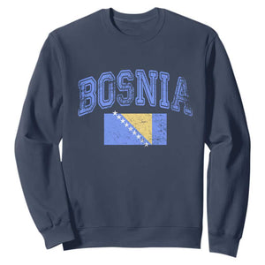 Classic Distressed Bosnia National Flag Varsity Style Sweatshirt Sports Fan Athletic Graphic