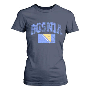 Classic Distressed Bosnia National Flag Varsity Style T Shirt For Women Sports Fan Athletic Graphic