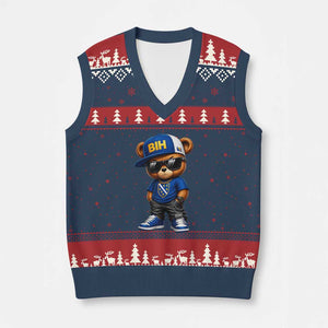 BIH Bosnia Teddy Bear Graphic V-Neck Knit Sweater Vest Golden Lily Heritage Urban Streetwear Style