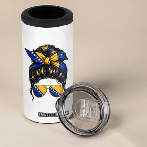 Bosnian Girl Messy Bun Flag Bandana Woman Graphic 4 in 1 Can Cooler Tumbler Bosnia Herzegovina Pride