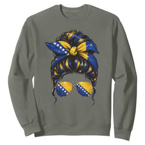 Bosnian Girl Messy Bun Flag Bandana Woman Graphic Sweatshirt Bosnia Herzegovina Pride TS02 Military Green Print Your Wear