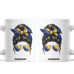 Bosnian Girl Messy Bun Flag Bandana Woman Graphic Coffee Mug Bosnia Herzegovina Pride