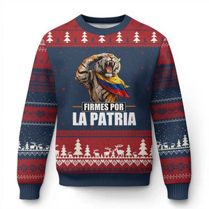 Firmes Por La Patria Colombian Pride Ugly Christmas Sweater Roaring Saluting Tiger Patriotic Colombia Heritage Flag
