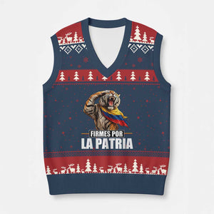 Firmes Por La Patria Colombian Pride V-Neck Knit Sweater Vest Roaring Saluting Tiger Patriotic Colombia Heritage Flag