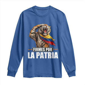 Firmes Por La Patria Colombian Pride Long Sleeve Shirt Roaring Saluting Tiger Patriotic Colombia Heritage Flag
