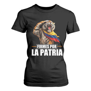 Firmes Por La Patria Colombian Pride T Shirt For Women Roaring Saluting Tiger Patriotic Colombia Heritage Flag