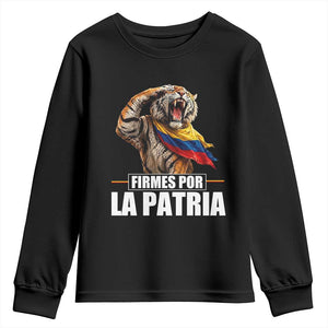 Firmes Por La Patria Colombian Pride Youth Sweatshirt Roaring Saluting Tiger Patriotic Colombia Heritage Flag