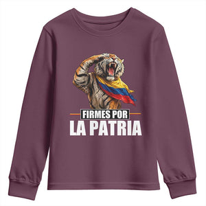 Firmes Por La Patria Colombian Pride Youth Sweatshirt Roaring Saluting Tiger Patriotic Colombia Heritage Flag