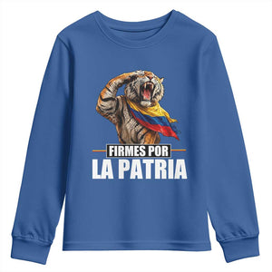 Firmes Por La Patria Colombian Pride Youth Sweatshirt Roaring Saluting Tiger Patriotic Colombia Heritage Flag