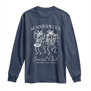 Summerween Social Club Long Sleeve Shirt Spooky All Year Skeleton Summer Halloween Beach Party TS02 Navy Print Your Wear