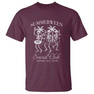 Summerween Social Club T Shirt Spooky All Year Skeleton Summer Halloween Beach Party TS02 Maroon Print Your Wear