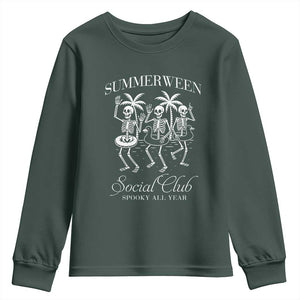Summerween Social Club Youth Sweatshirt Spooky All Year Skeleton Summer Halloween Beach Party TS02 Dark Forest Green Print Your Wear
