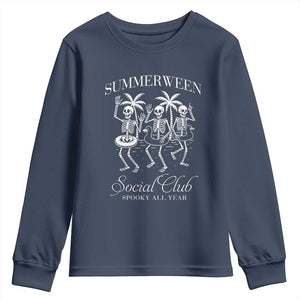 Summerween Social Club Youth Sweatshirt Spooky All Year Skeleton Summer Halloween Beach Party TS02 Navy Print Your Wear