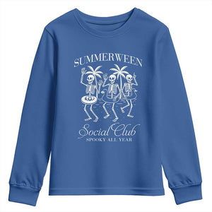 Summerween Social Club Youth Sweatshirt Spooky All Year Skeleton Summer Halloween Beach Party TS02 Royal Blue Print Your Wear