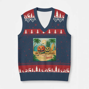 Retro Tropical Summerween V-Neck Knit Sweater Vest Halloween Summer Beach Cocktail Boo TS02 Navy Red Print Your Wear