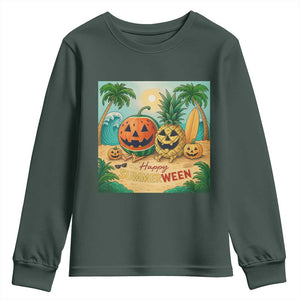 Retro Tropical Summerween Youth Sweatshirt Halloween Summer Beach Cocktail Boo TS02 Dark Forest Green Print Your Wear