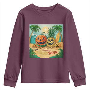 Retro Tropical Summerween Youth Sweatshirt Halloween Summer Beach Cocktail Boo TS02 Maroon Print Your Wear