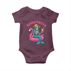 Summerween Skeleton Mermaid Baby Onesie Flamingo Float Funny Spooky Summer Halloween Vibes TS02 Maroon Print Your Wear