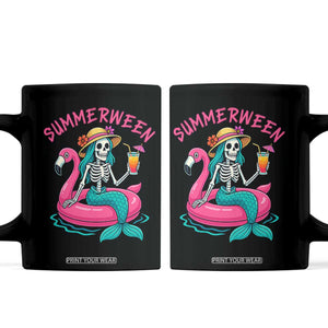 Summerween Skeleton Mermaid Coffee Mug Flamingo Float Funny Spooky Summer Halloween Vibes TS02 Black Print Your Wear