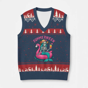 Summerween Skeleton Mermaid V-Neck Knit Sweater Vest Flamingo Float Funny Spooky Summer Halloween Vibes TS02 Navy Red Print Your Wear