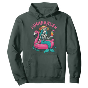 Summerween Skeleton Mermaid Hoodie Flamingo Float Funny Spooky Summer Halloween Vibes TS02 Dark Forest Green Print Your Wear