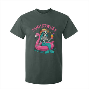 Summerween Skeleton Mermaid T Shirt For Kid Flamingo Float Funny Spooky Summer Halloween Vibes TS02 Dark Forest Green Print Your Wear