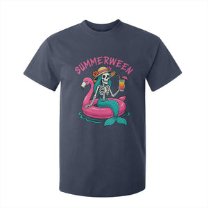 Summerween Skeleton Mermaid T Shirt For Kid Flamingo Float Funny Spooky Summer Halloween Vibes TS02 Navy Print Your Wear