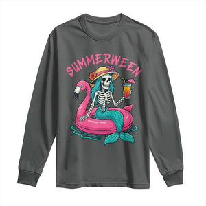 Summerween Skeleton Mermaid Long Sleeve Shirt Flamingo Float Funny Spooky Summer Halloween Vibes TS02 Dark Heather Print Your Wear