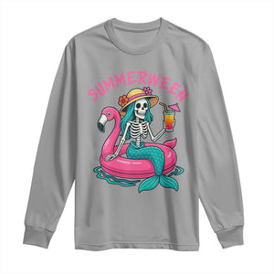 Summerween Skeleton Mermaid Long Sleeve Shirt Flamingo Float Funny Spooky Summer Halloween Vibes TS02 Sport Gray Print Your Wear