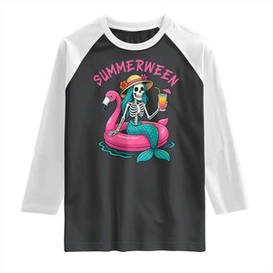 Summerween Skeleton Mermaid Raglan Shirt Flamingo Float Funny Spooky Summer Halloween Vibes TS02 Black White Print Your Wear