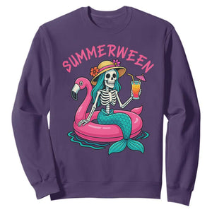 Summerween Skeleton Mermaid Sweatshirt Flamingo Float Funny Spooky Summer Halloween Vibes TS02 Purple Print Your Wear