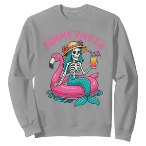 Summerween Skeleton Mermaid Sweatshirt Flamingo Float Funny Spooky Summer Halloween Vibes TS02 Sport Gray Print Your Wear