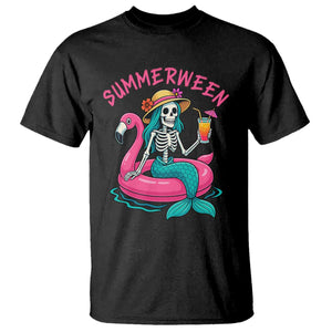 Summerween Skeleton Mermaid T Shirt Flamingo Float Funny Spooky Summer Halloween Vibes TS02 Black Print Your Wear